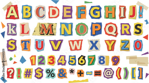 Ransom Style Alphabet Letters and Numbers Set with Colorful Cutout Typography Elements