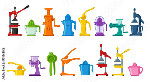 Colorful collection of various manual juicers and fruit presses illustrated