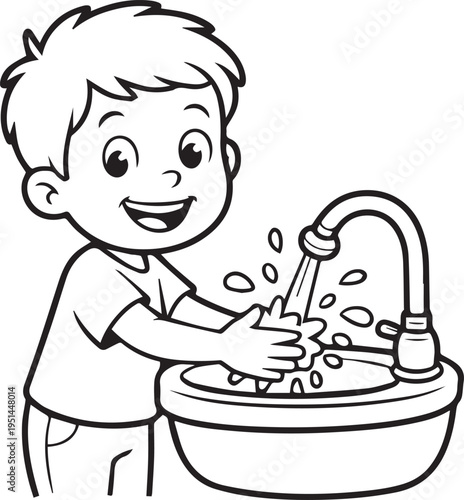 Cartoon boy happily washing hands with soap and running water in sink for hygiene and cleanliness illustration