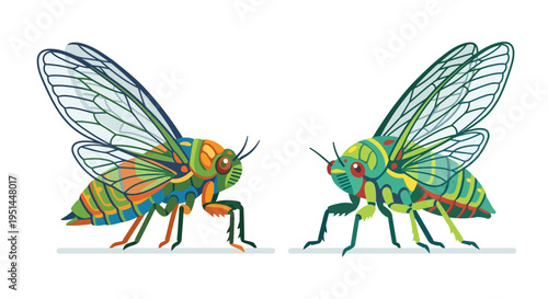 Two vibrantly colored cicadas facing each other on a white background