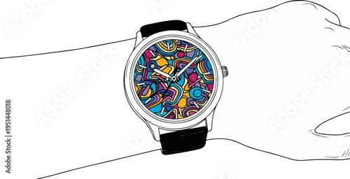 Wristwatch with abstract colorful dial on a hand, minimalist outline style