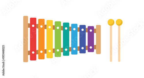 Colorful xylophone with wooden frame and two yellow striking mallets