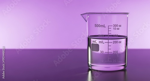 A glass beaker with measurement markings filled with clear liquid on a purple surface and background  laboratory equipment