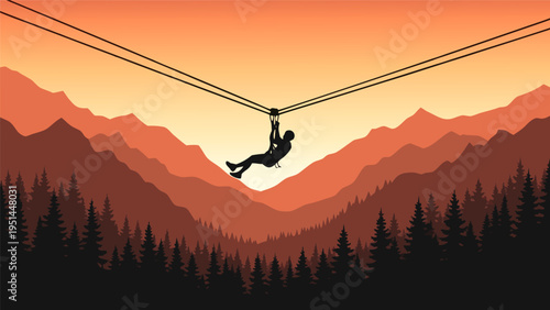 Vector illustration of adventurer ziplining across warm sunset mountains with harness cables