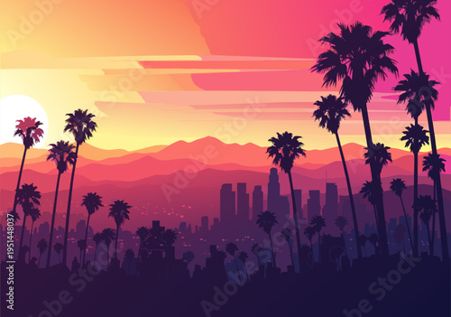 Vector illustration of purple sunset cityscape with palm trees and vibrant pink orange gradient sky