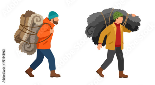 Two men carrying large bundles on their backs walking forward