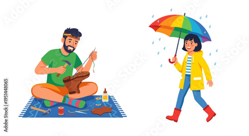 A cobbler repairs a shoe while a girl walks in the rain