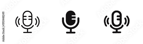 Microphone icon set with sound waves. Audio recording symbols in outline, solid, and hand-drawn styles.