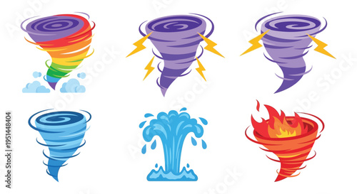 Colorful depictions of various weather phenomena including tornadoes waterspouts and fire whirls presented as a striking silhouette high quality professional detailed