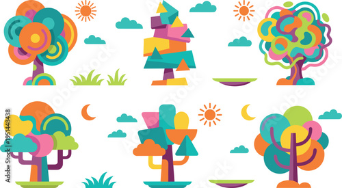 Abstract Colorful Trees Icon Set with Geometric Shapes Nature Landscape Elements