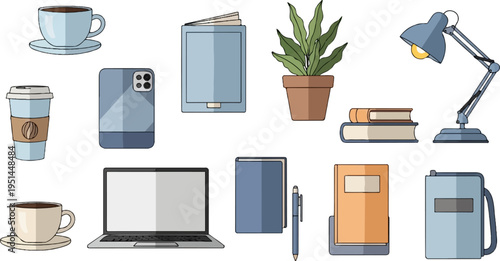 Desk items coffee, laptop, books, plant, and lamp