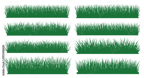 Eight rows of vibrant green grass textures are displayed against a white background creating a natural pattern silhouette high quality professional
