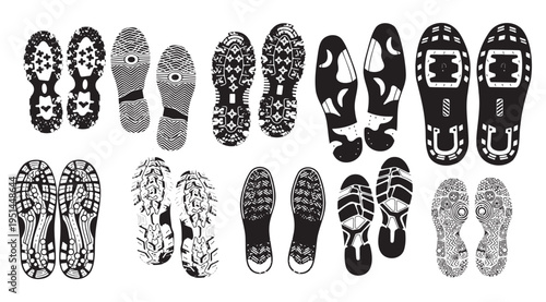 Diverse black and white shoe sole patterns showcasing various textures and geometric designs for tracking and footwear identification