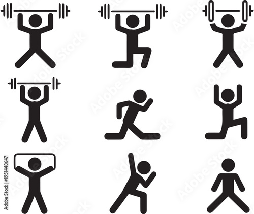 Fitness and weightlifting pictograms set showing various exercise poses including overhead press lunge and stretching vector icon collection