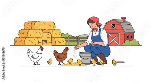 Farmer woman feeds a group of chickens and chicks on a rural farm with a red barn and hay bales in the background.