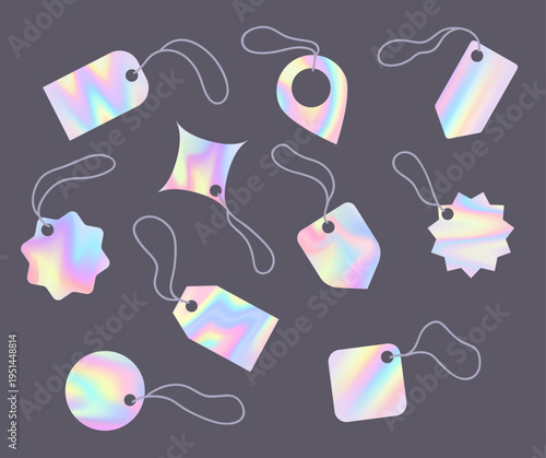 Set of labels of different shapes with holographic effect. Rainbow backgrounds for discounts, price tags.