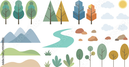 Flat Nature Landscape Icon Set with Trees Mountains River Clouds and Plants