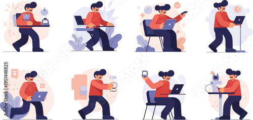 Diverse modern workers interact with technology in various settings