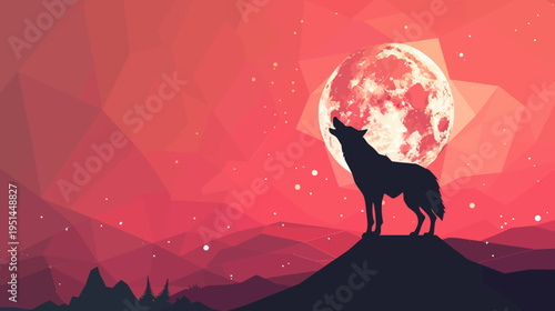 Silhouette of a howling wolf against a vibrant red moon and starry sky