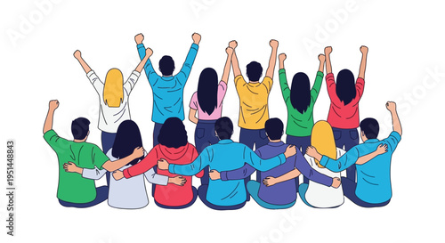 A diverse group of people with arms raised in a celebratory pose viewed from the back silhouette high quality professional detailed