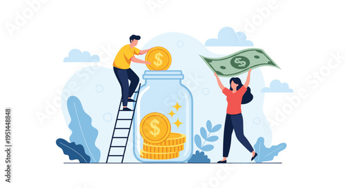 Man on a ladder and a woman place coins and a large banknote into a glass jar representing collaborative savings goals.