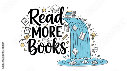 Literary Cascade: An artistic composition showcases the joy of reading, with a waterfall of knowledge cascading from a stack of books, symbolizing the boundless flow of information and inspiration
