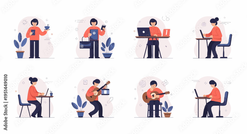 Naklejka premium Diverse activities including working, coffee, and playing guitar