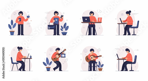 Diverse activities including working, coffee, and playing guitar