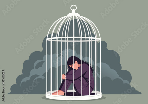 Vector illustration showing a purple-clad person crouched in white birdcage, clouded backdrop, side view, despair concept