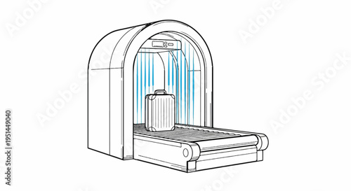 Luggage security scanner with conveyor belt and blue scan lines