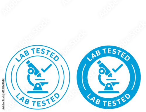 Lab Tested vector labels set, microscope and checkmark icons, scientific verification badges, quality control vector illustration, isolated design elements