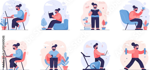 Wallpaper Mural Diverse activities of a stylized person in simple flat illustrations Torontodigital.ca