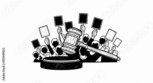 Gavel on base with raised signs by a crowd of people