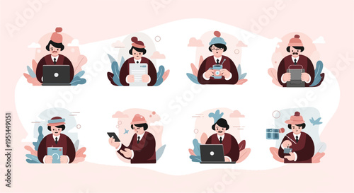 Diverse cartoon characters in winter hats with various work-related items