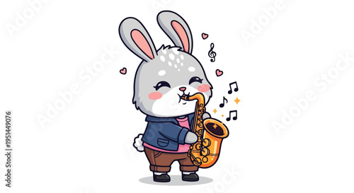 A cartoon rabbit wearing a blue jacket and brown pants plays a saxophone with musical notes around it on a white background with a playful and creative mood in a flat illustration style.