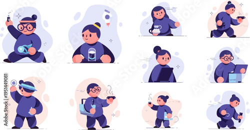 Diverse characters engaged in various activities, from work to leisure, using technology and enjoying beverages