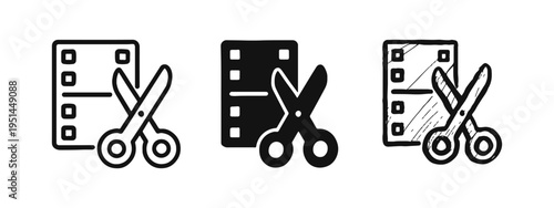 Video editing and film cut icon set. Movie production symbols with film strip and scissors.