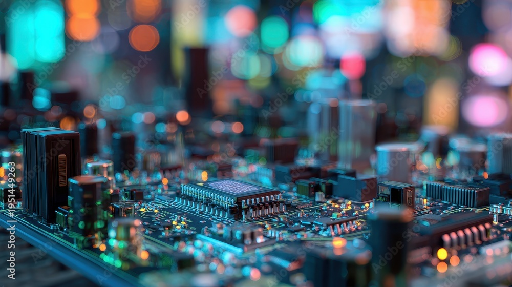 Obraz premium Electronic components motherboard design concept connectivity and efficiency selective focus digital world theme vibrant Overlay server room.
