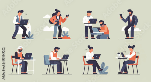 Diverse individuals engaged in remote work and technology usage