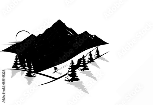 Snowy mountain slope with a lone skier descending near pine trees