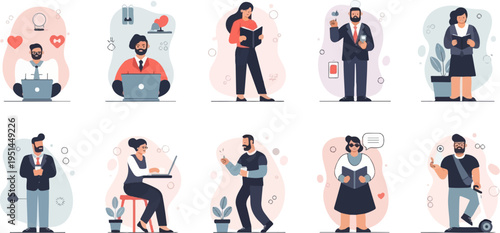 Diverse individuals engaged in reading, working, and outdoor recreation activities