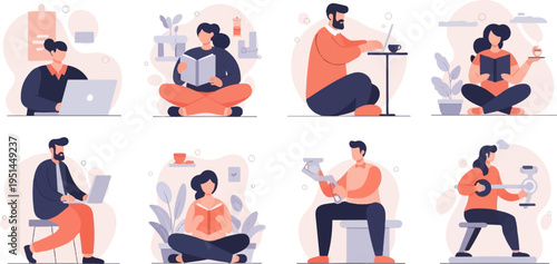 Diverse individuals engaged in reading, working, and fitness activities indoors