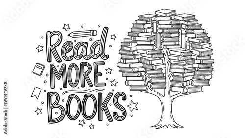 Literary Growth: An artistic illustration promoting the value of reading and lifelong learning. A conceptual tree made of books.