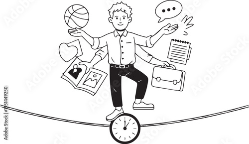 Multitasking person balancing on clock with many arms juggling various objects like basketball, book, briefcase, and speech bubble.