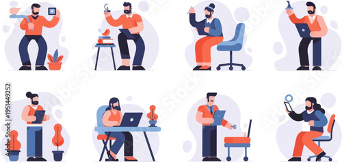 Stylized flat illustrations of diverse individuals engaged in work and hobbies