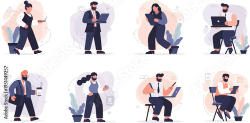 Diverse individuals engaged in remote work and digital tasks on laptops