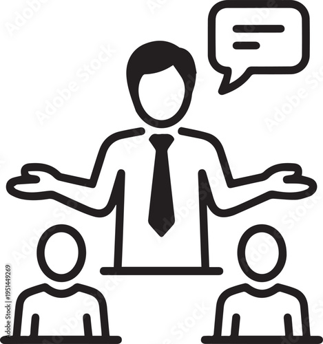 Manager leading a small team meeting discussing ideas with speech bubble communication concept line art