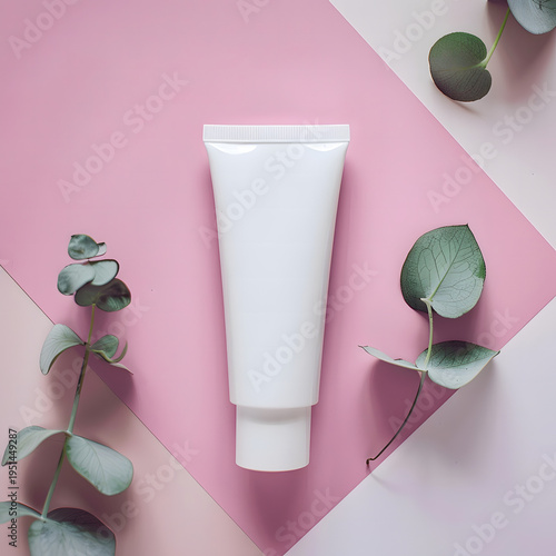 Minimal skincare cream tube mockup with natural leaves on pink background
