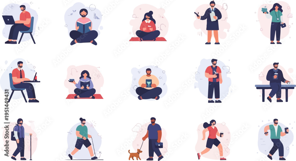 Fototapeta premium Diverse individuals engaged in various everyday activities and hobbies