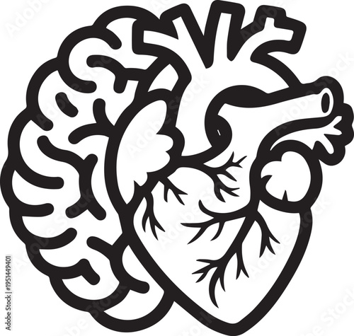 Outline illustration of human brain connected closely with heart organ emphasizing mind body connection